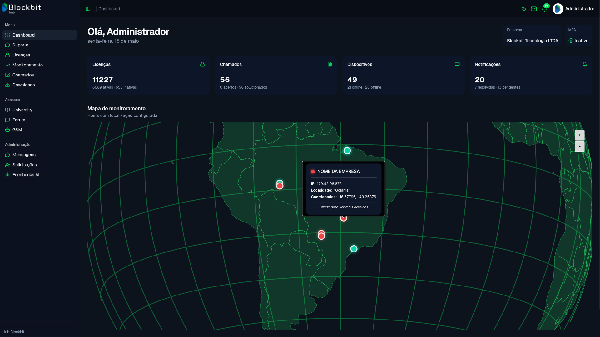 Dashboard com mapa de monitoramento
